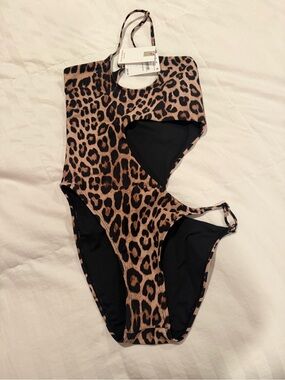 Good American Leopard Print Cutout One-Piece Swimsuit - Brown & Black